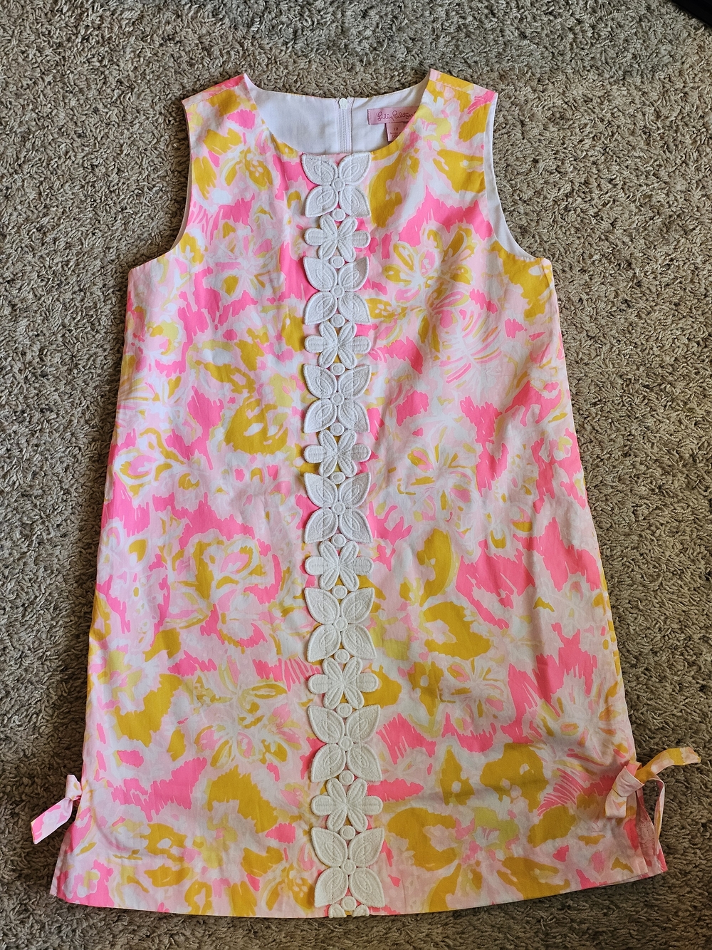 Lilly Pulitzer Pink & Yellow Floral Shift Dress with White Lace Trim